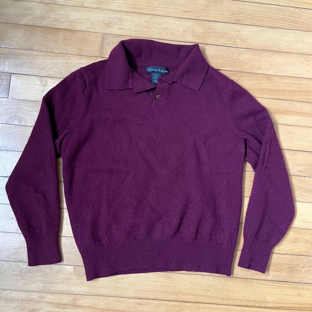 Christian Lacroix Burgundy 100% Extra Fine Merino Wool Polo Sweater Mens Medium
